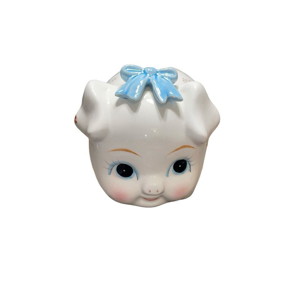 Vintage Lefton Ceramic Piggy Bank Baby Blue Bow Flowers